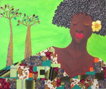 black woman and tree in green decor pattern African Oil Paintings